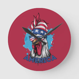 Patriotic Chicken i USA Bandana och Shades Rund Klocka