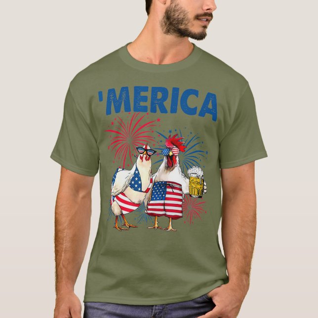 Patriotic Chicken Merica 4:e juli-öldagen T Shirt (Framsida)