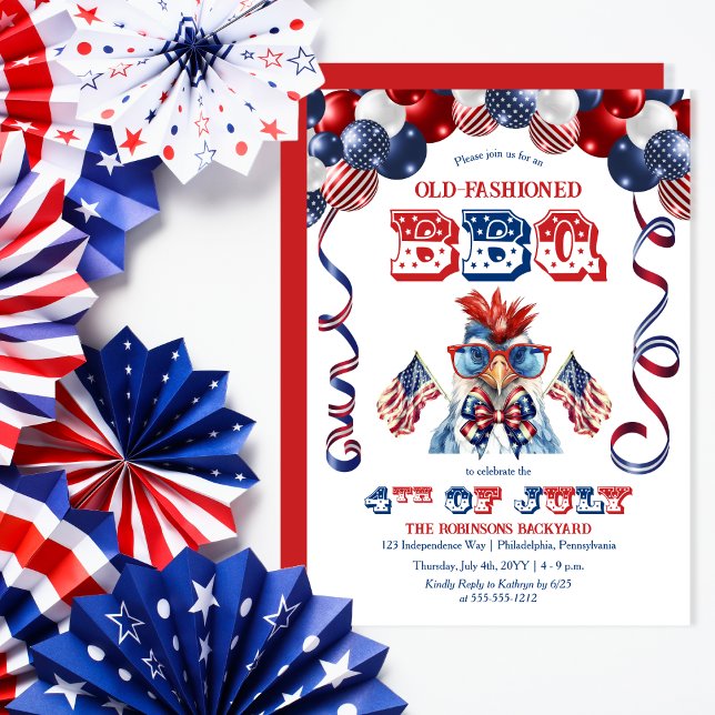 Patriotic Chicken Sunglasses 4:e juli BBQ Party Inbjudningar (Balloon Arch and Cute Cool Chicken Sporting Sunglasses 4th of July BBQ Invitation)