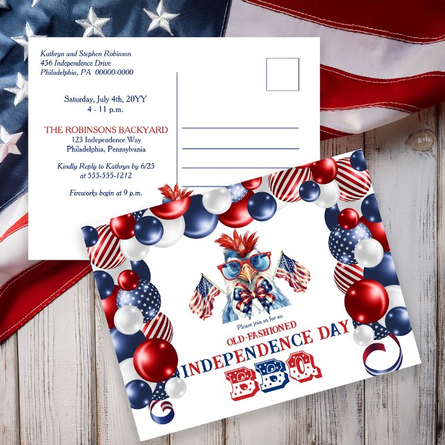 Patriotic Chicken Sunglasses Independence day BBQ Helg Vykort (Patriotic Chicken in Sunglasses Waving Flags "Old Fashioned Independence Day BBQ" Invite Postcard)