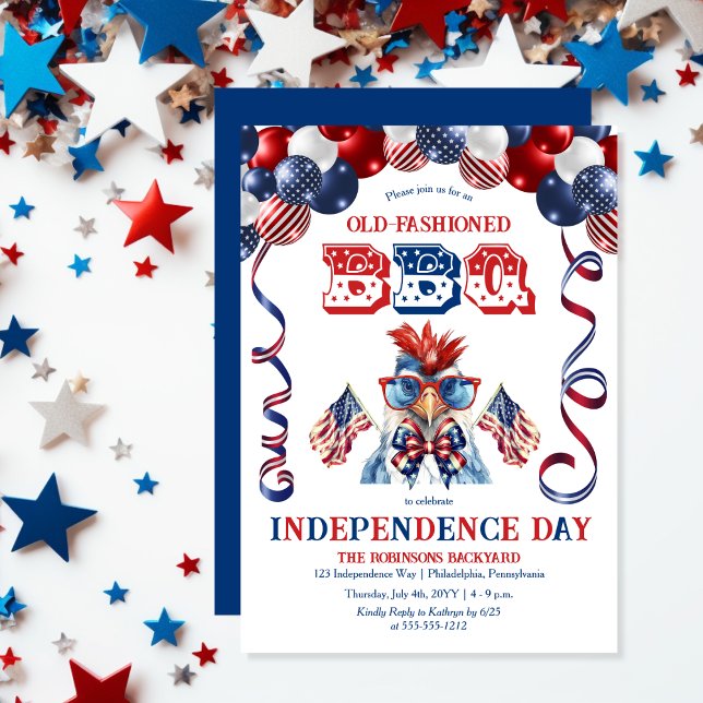 Patriotic Chicken Sunglasses Independence day BBQ Inbjudningar (Balloon Arch Cute Cool Chicken Sporting Sunglasses Independence Day BBQ July 4 Invitation)
