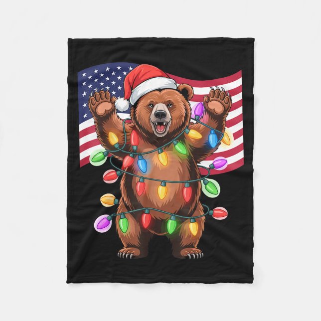 Patriotic Christmas Grizzly Bear Holiday Light San Fleecefilt (Framsidan)