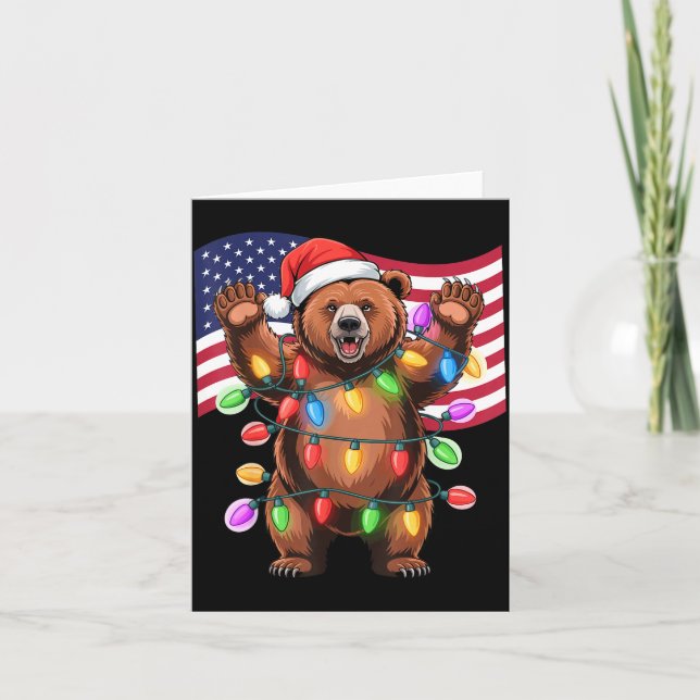 Patriotic Christmas Grizzly Bear Holiday Light San Kort (Framsida)