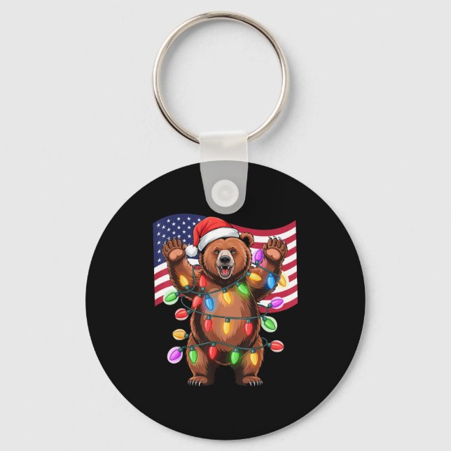 Patriotic Christmas Grizzly Bear Holiday Light San Nyckelring (Framsida)