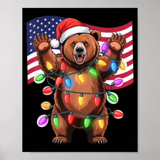 Patriotic Christmas Grizzly Bear Holiday Light San Poster (Framsidan)