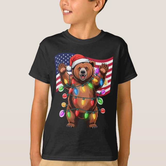 Patriotic Christmas Grizzly Bear Holiday Light San T Shirt (Framsida)