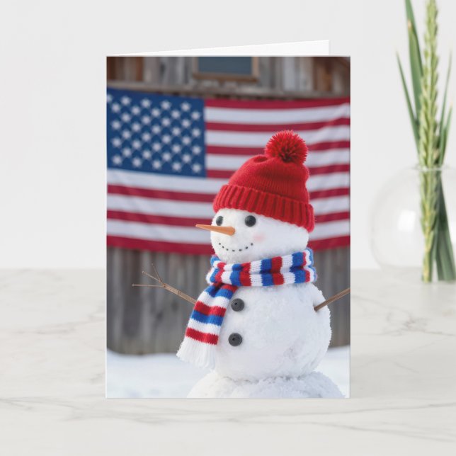 Patriotic Christmas Snowman With American Flag Kort (Framsida)