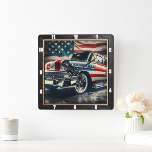 Patriotic Classic Car Fyrkantig Klocka