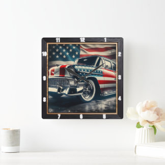 Patriotic Classic Car Fyrkantig Klocka
