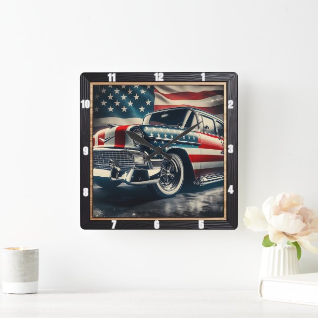 Patriotic Classic Car Fyrkantig Klocka (Hem)