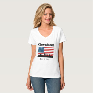 Patriotic Cleveland Ohio American Flagga Skyline T Shirt