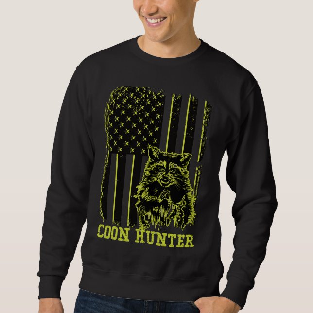 Patriotic Coon Hunter Raccoon American Flagga Lång Ärmad Tröja (Framsida)