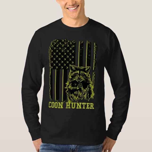Patriotic Coon Hunter Raccoon American Flagga T Shirt (Framsida)