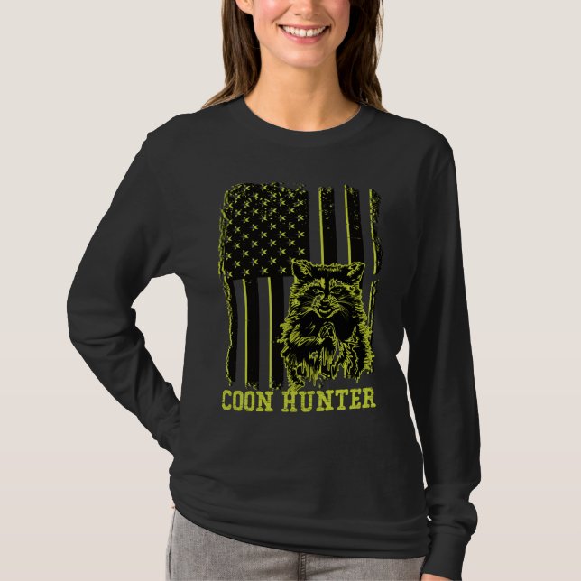 Patriotic Coon Hunter Raccoon American Flagga T Shirt (Framsida)