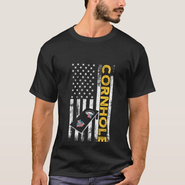 Patriotic Cornhål Player USA American Flagga Maj H T Shirt (Framsida)