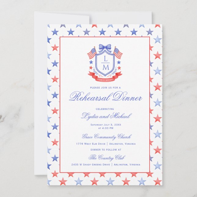 Patriotic Crest w/ US Flags | Rehearsal Dinner Inbjudningar (Framsida)
