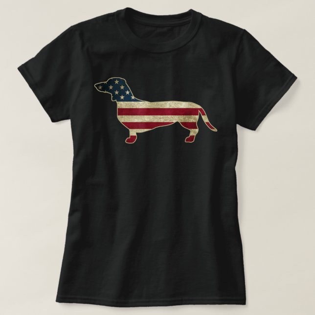Patriotic Dachshund 4:e juli Amerikanska Flagga Hu T Shirt (Design framsida)