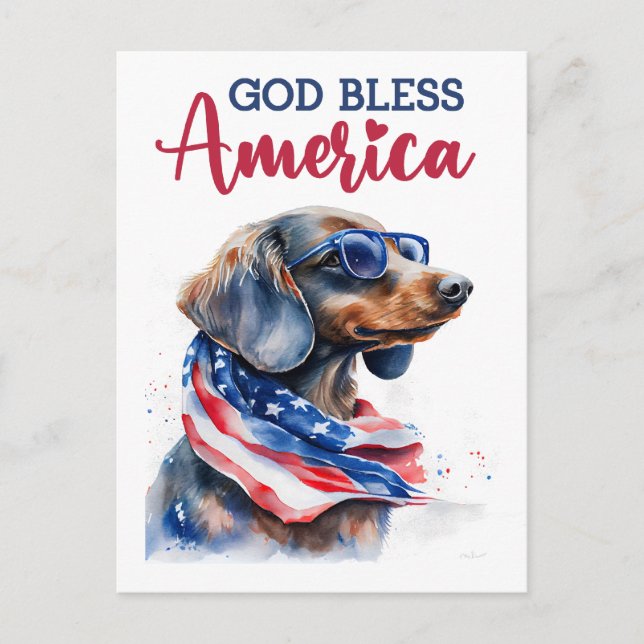 Patriotic Dachshund, vykort för Välsigna dig Ameri (Framsida)