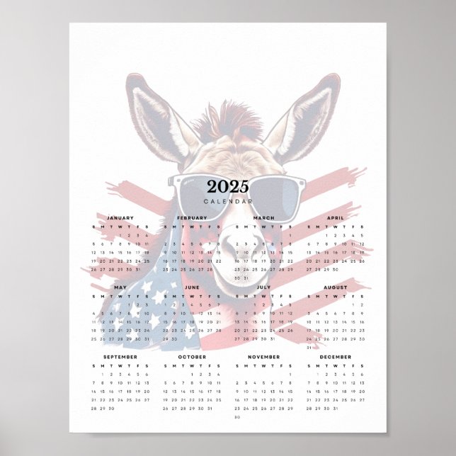 Patriotic Donkey Red White och Blue 2025 Calendar Poster (Framsidan)