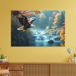 Patriotic Eagle Flying Over Waterfalls In Autumn Canvastryck