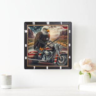 Patriotic Eagle Motorcycle Desert Fyrkantig Klocka