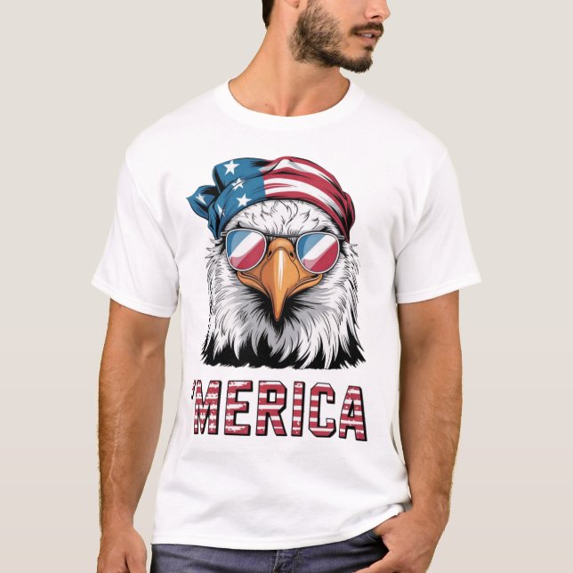 Patriotic Eagle Wearing Coola Sunglass "Merica T Shirt (Framsida)