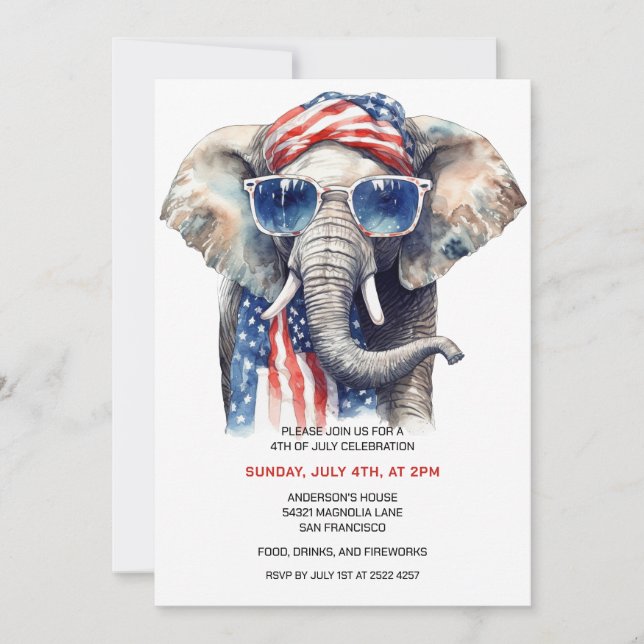 Patriotic Elephant 4:e juli-inbjudan Spara Datumet (Framsida)