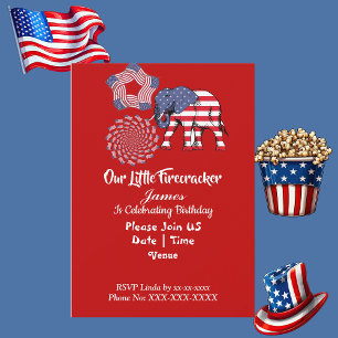 Patriotic Elephant American Flagga Birthday Firewo Inbjudningar