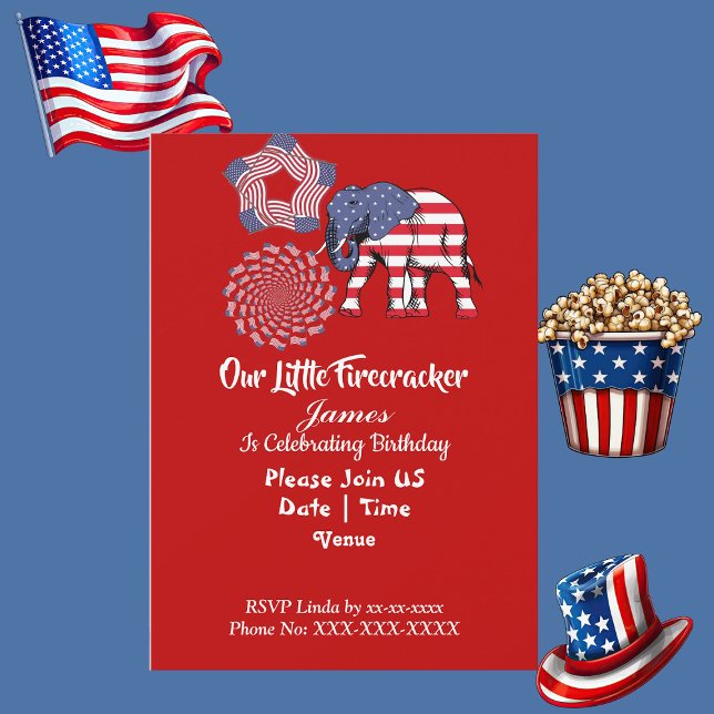 Patriotic Elephant American Flagga Birthday Firewo Inbjudningar (Patriotic Elephant American Flag Birthday Firework Invitation)