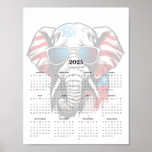 Patriotic Elephant Rött vitt blått 2025 Calendar Poster