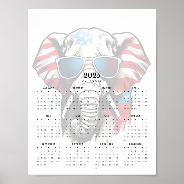 Patriotic Elephant Rött vitt blått 2025 Calendar Poster (Framsidan)