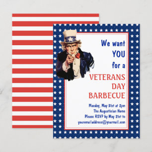 Patriotic farbror Sam VETERANS BBQ BARBECUE Inbjud Vykort