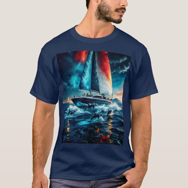 Patriotic Färg Sailboat & Whales T Shirt (Framsida)