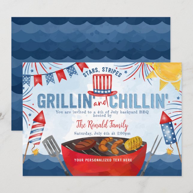 Patriotic Fireworks 4:e juli Backyard BBQ Party Inbjudningar (Fram/baksida)