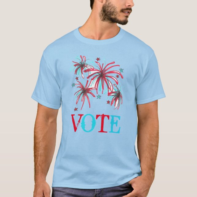 Patriotic Fireworks Red Blue VOTE Val Day USA Tee Shirt (Framsida)