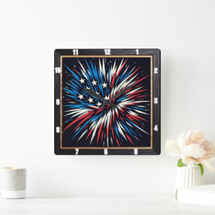 Patriotic Fireworks Rött vitt blått Fyrkantig Klocka