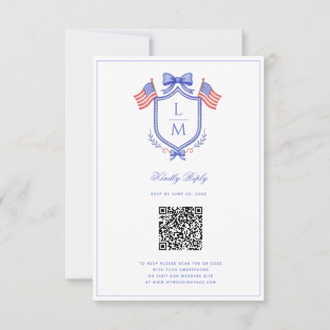 Patriotic Flag Crest | Monogram Wedding | QR RSVP OSA Kort (Framsida)