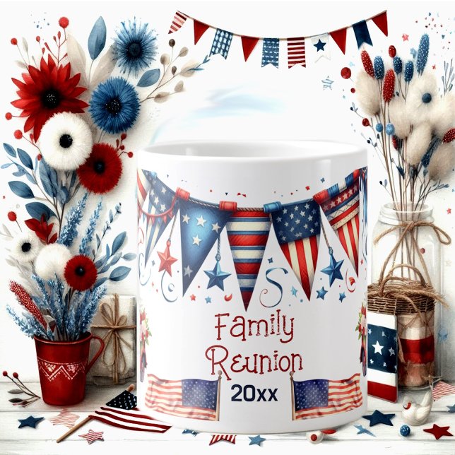 Patriotic Flagga Family Reunion 4 juli Bunting Jumbo Mugg (Patriotic Flag Family Reunion 4th July Bunting Giant Coffee Mug)