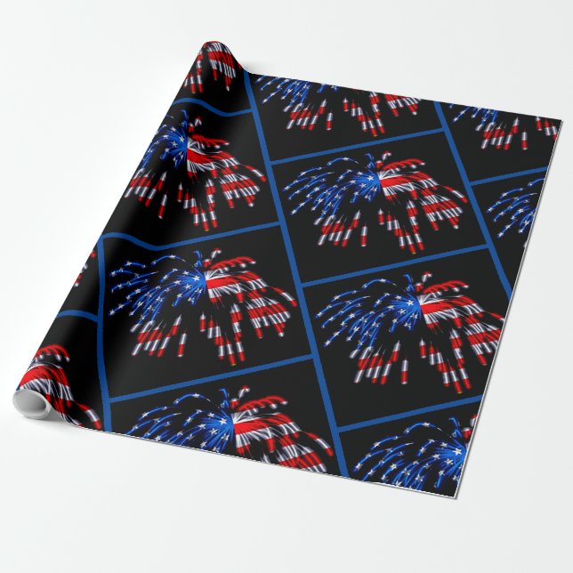 Patriotic Flagga Fireworks Wrapping Papper Presentpapper (Utrullad)