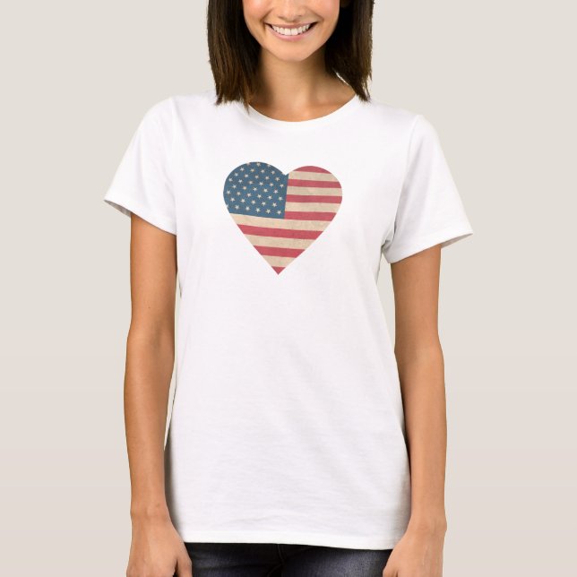 Patriotic Flagga Heart Fjärde juli T Shirt (Framsida)