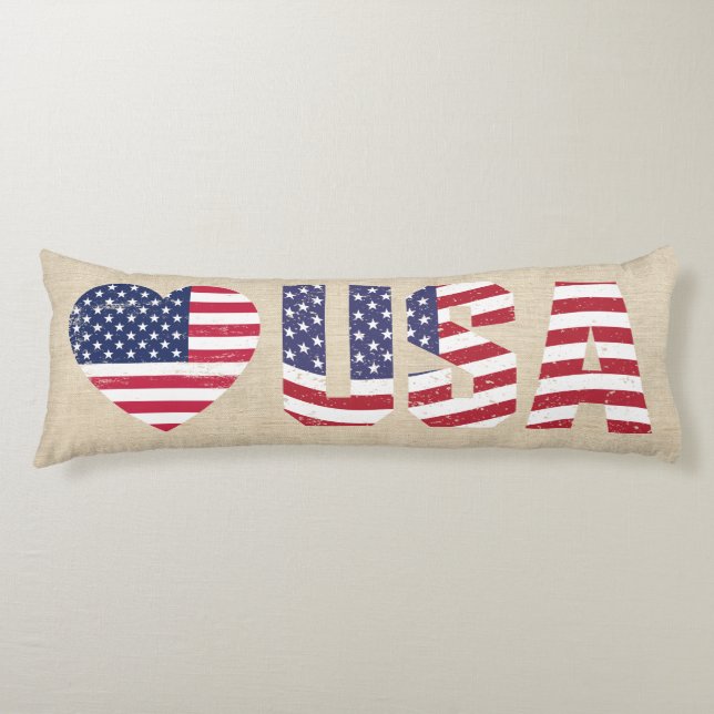 Patriotic Flagga Heart USA Land Burlap Stil Kroppskudde (Framsidan)