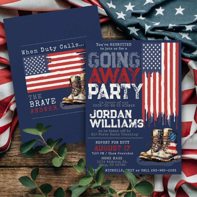 Patriotic Flagga Miliing Going Away Farewell Party Inbjudningar (Patriotic USA flag military going away farewell party invitation for Air Force, Army, Navy, Marines)