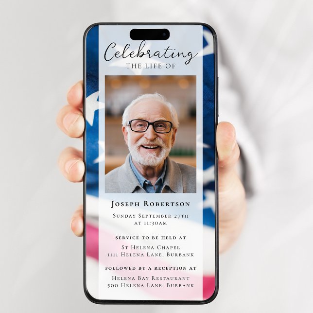 Patriotic Flagga Vet Photo Funeral Digital Evite Inbjudningar (Skapare uppladdad)