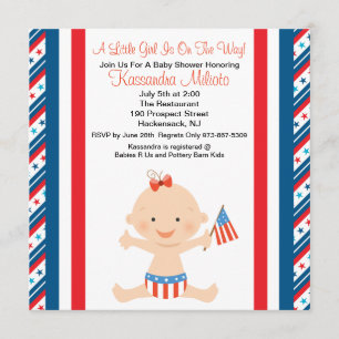 Patriotic Flicka Waving Flagga Baby Shower Inbjuda Inbjudningar