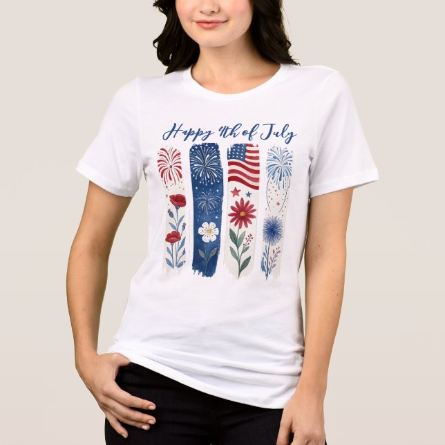 Patriotic Floral Fireworks, 4th of July Tri-Blend T Shirt (Framsida)