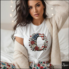 Patriotic Floral Letter C Wreath Design T Shirt