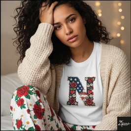 Patriotic Floral Letter N Wreath Design T Shirt