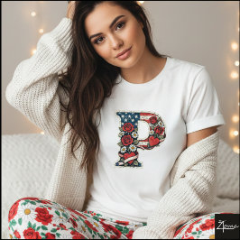 Patriotic Floral Letter P Wreath Design T Shirt