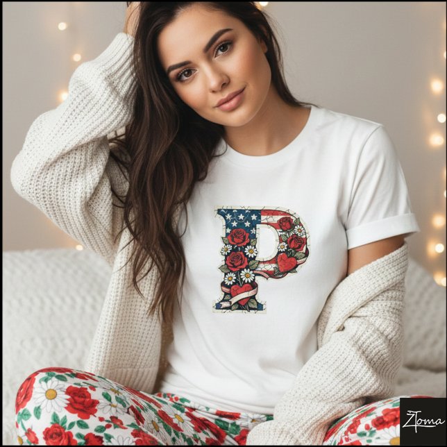Patriotic Floral Letter P Wreath Design T Shirt (Sample design. Several style are available to choose from, with the option to add a name & color.
)