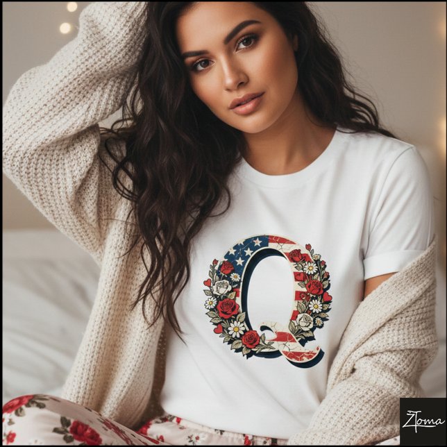 Patriotic Floral Letter Q Wreath Design T Shirt (Sample design. Several style are available to choose from, with the option to add a name & color.
)